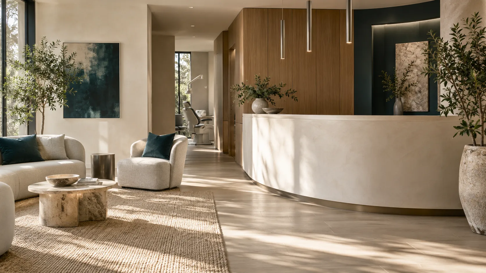 The reception lounge of the studio in soft morning light