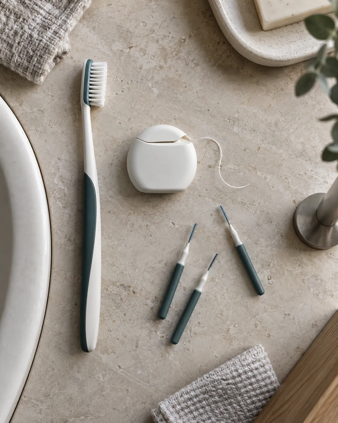 Dental hygiene instruments laid out on a clean tray before a scale and clean