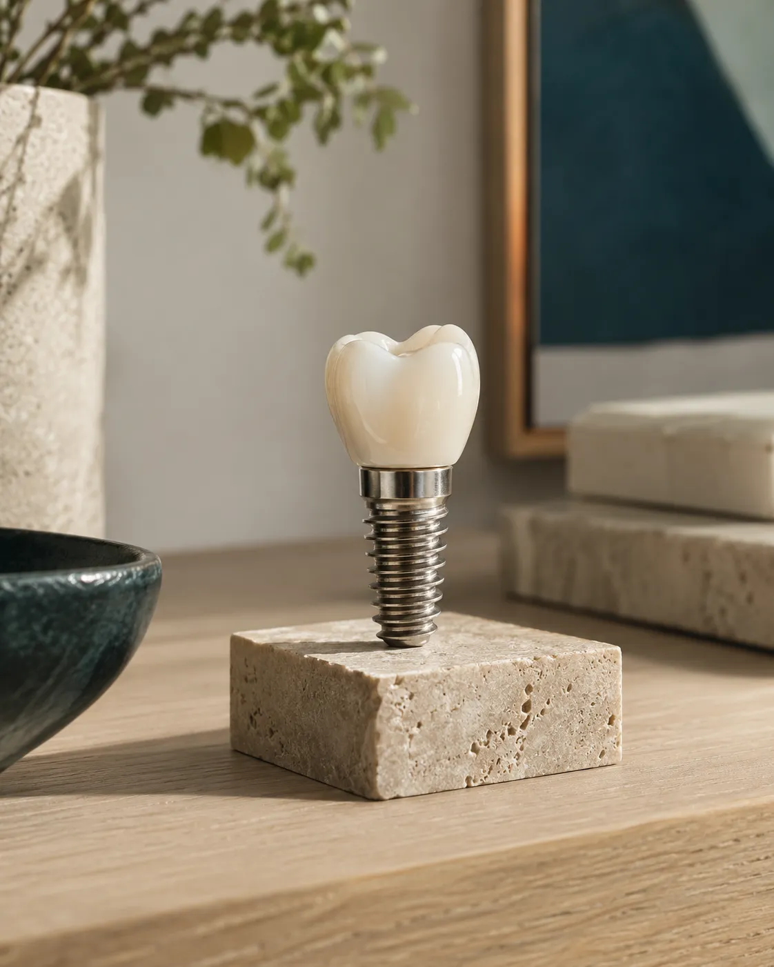 Model of a dental implant showing the titanium post, abutment and crown