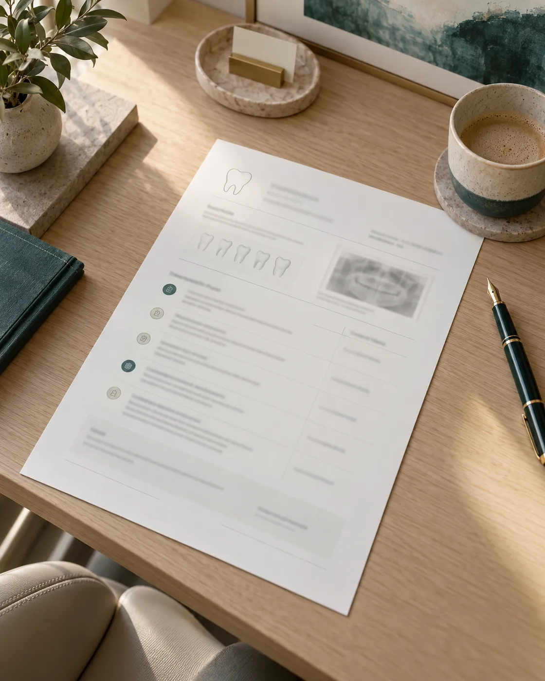 Printed treatment plan on an oak desk beside a fountain pen
