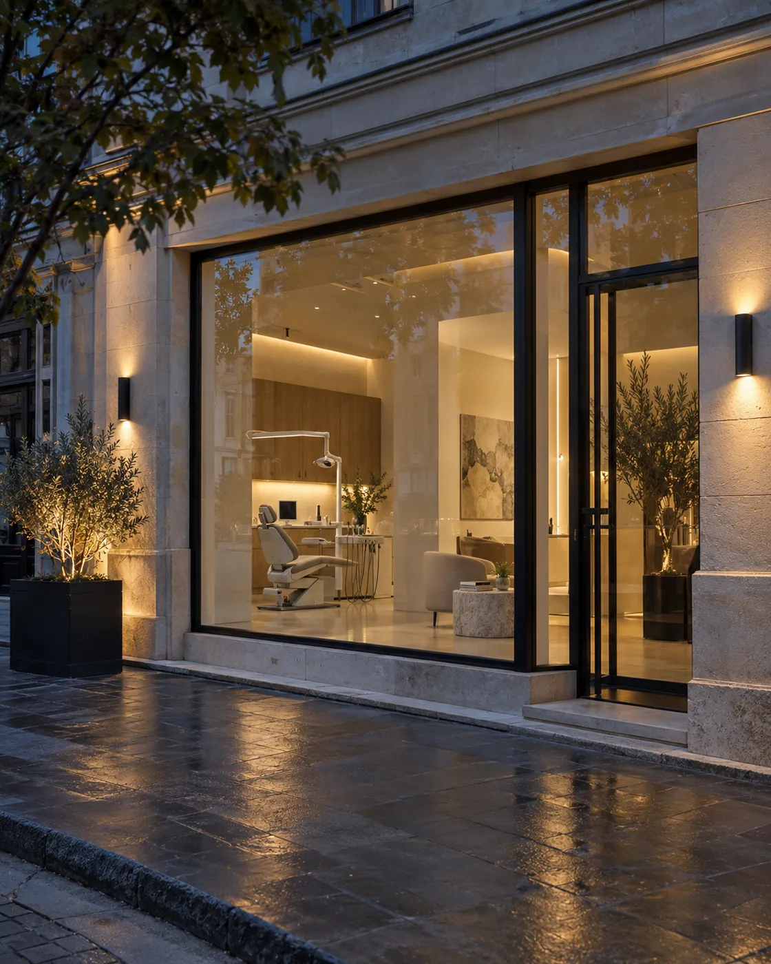 The studio frontage glowing warm at dusk