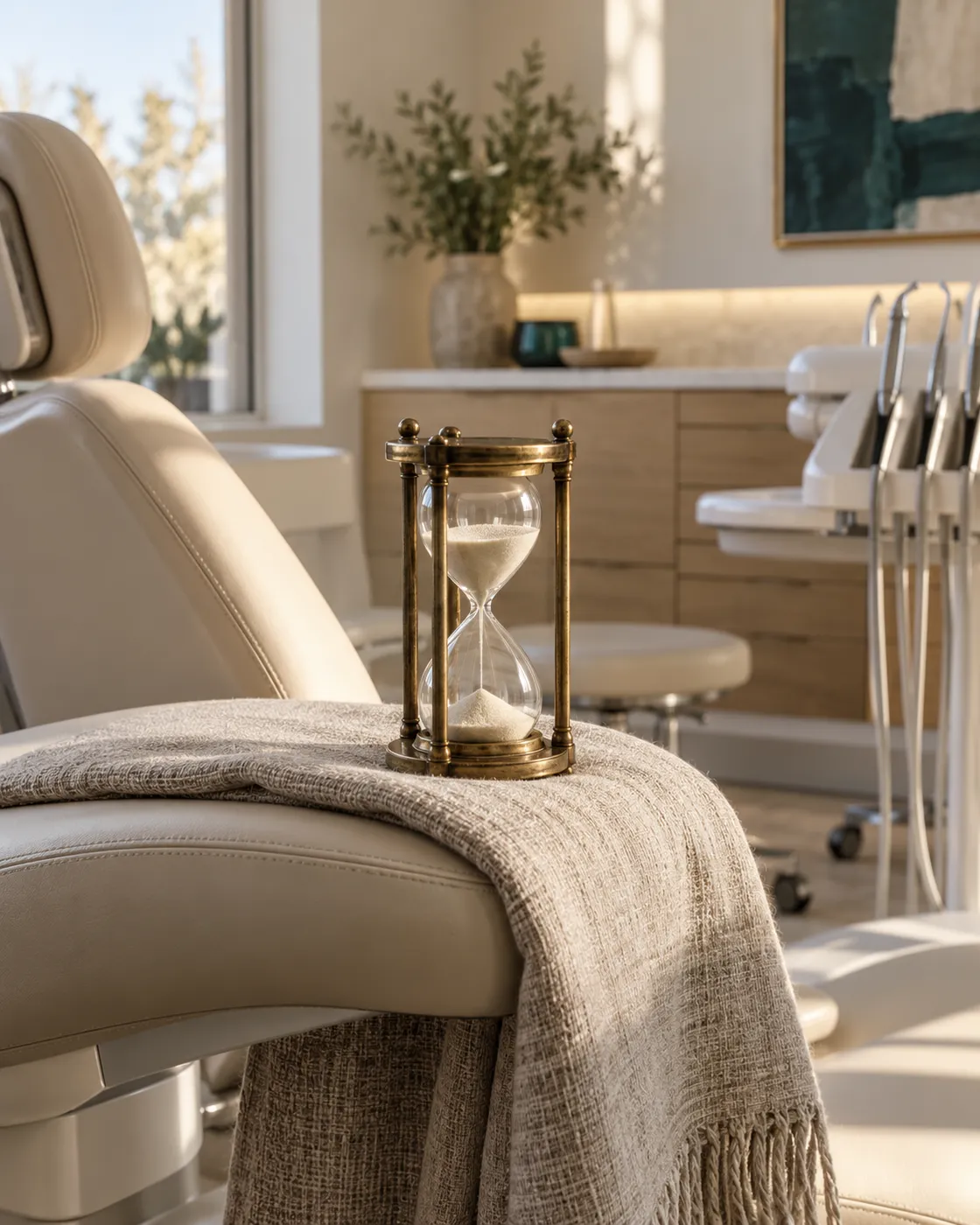 Brass hourglass on a linen throw beside a cream treatment chair