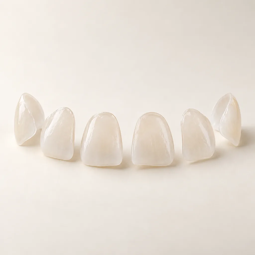 A row of thin porcelain veneer shells