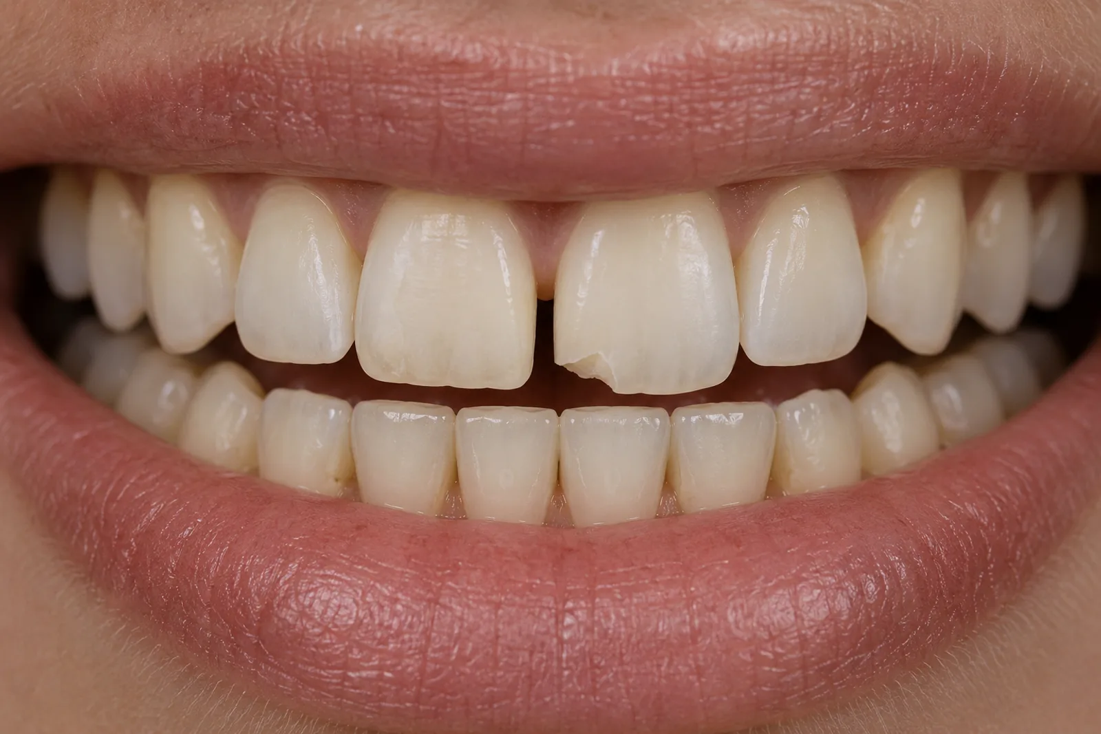 Close-up of front teeth with small gaps and a chipped edge before bonding