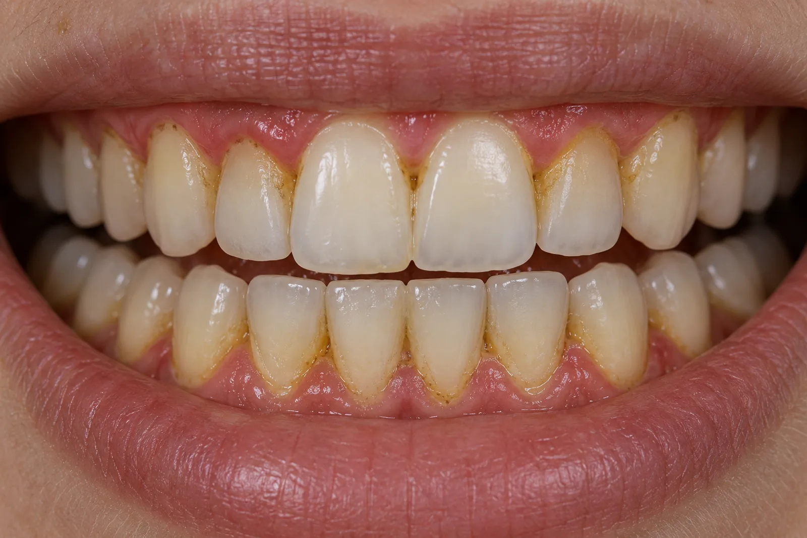 Close-up of teeth with plaque and tartar along the gumline before a hygiene clean