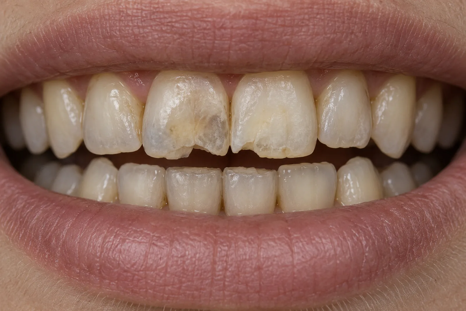 Close-up of worn, chipped and uneven front teeth before veneers