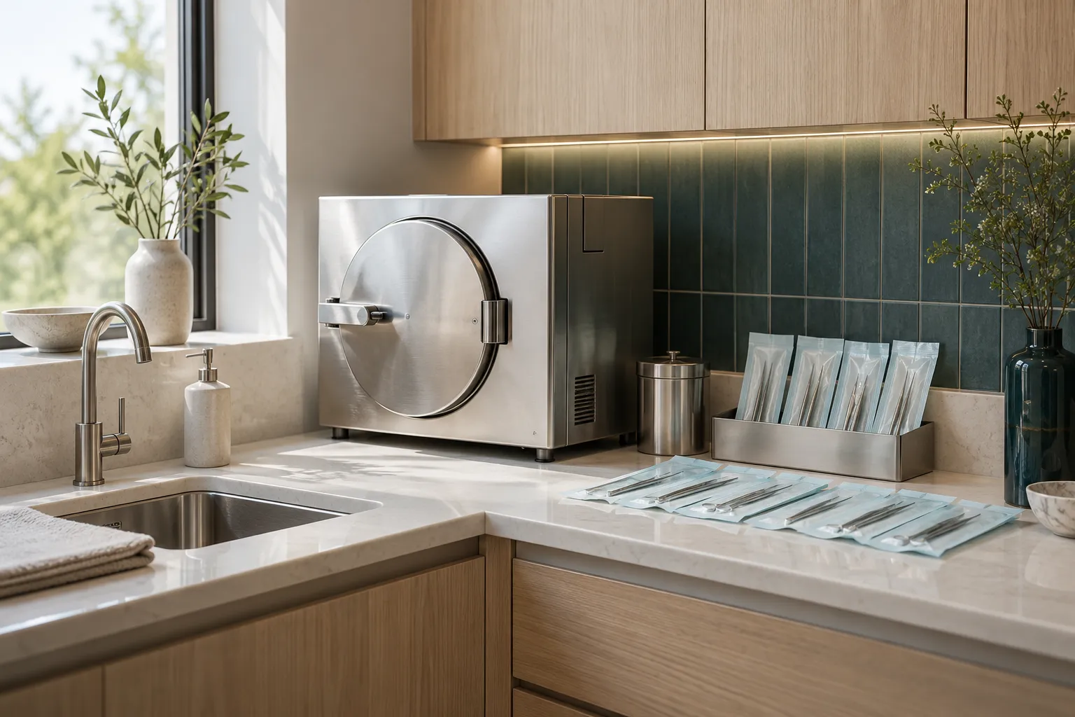 Clean sterilisation area with a stainless autoclave and sealed instrument pouches
