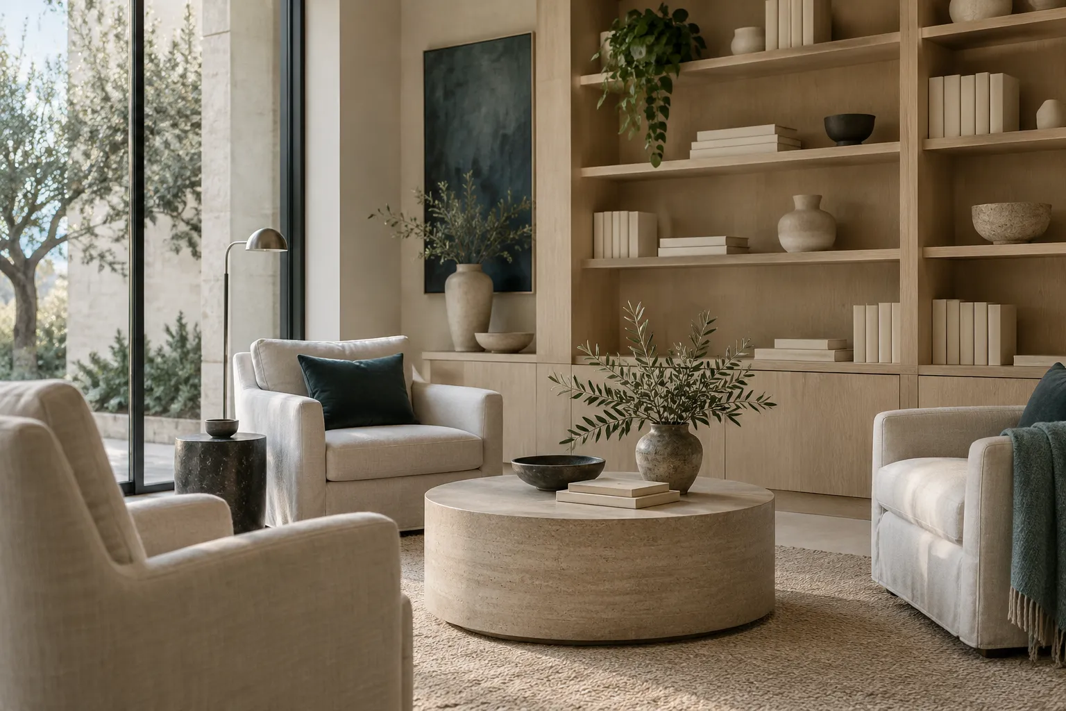 Quiet patient waiting lounge with linen armchairs and pale oak shelves of books and ceramics
